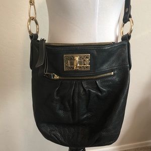 B Makowsky Black Leather Crossbody Shoulder Gold